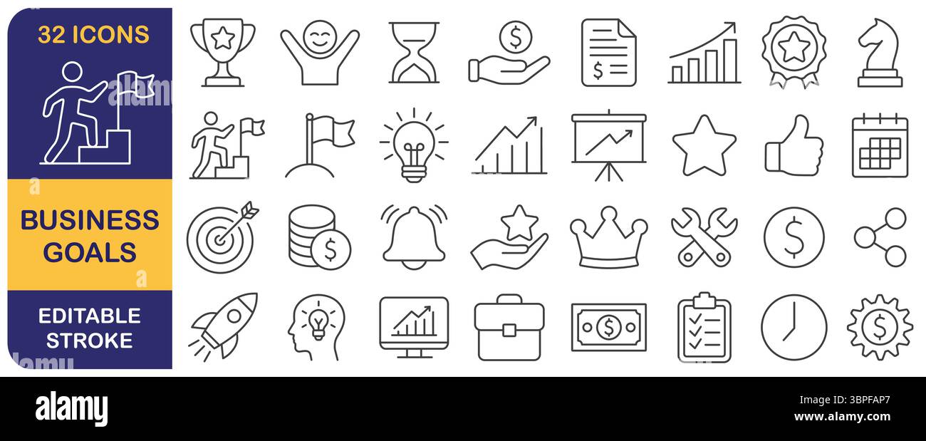 Jeu d'icônes Web de vecteur de ligne de trait modifiable d'objectif d'entreprise. Stratégie d'entreprise objectifs de réussite Thin Linear Icons Collection. Y compris processus, cible, objectif, Illustration de Vecteur
