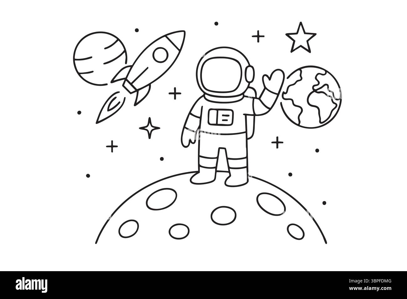 Astronaute sur la Lune avec la Terre et la fusée Illustration de Vecteur