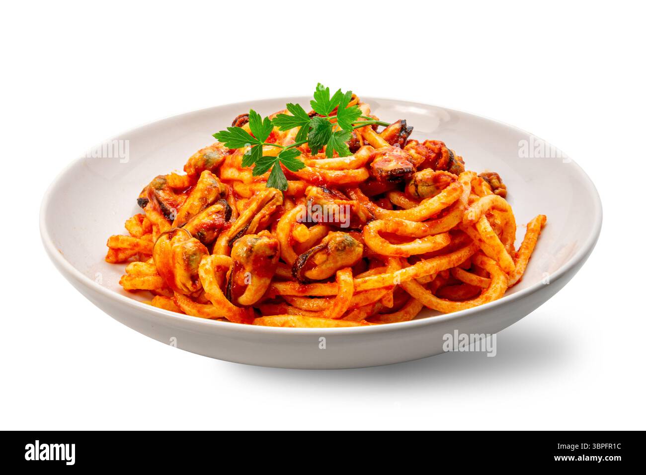 Grandes pâtes spaghetti faites à la main avec sauce tomate et moules avec feuilles de persil dans une assiette blanche isolée sur blanc avec chemin de coupe inclus Banque D'Images