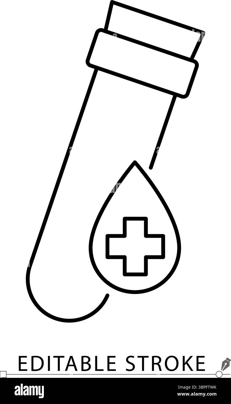 Une icône de test sanguin dans un style minimaliste avec trait modifiable. Flacon médical, échantillon de laboratoire, bilan de santé, outil de diagnostic, goutte de sang, clinique Illustration de Vecteur