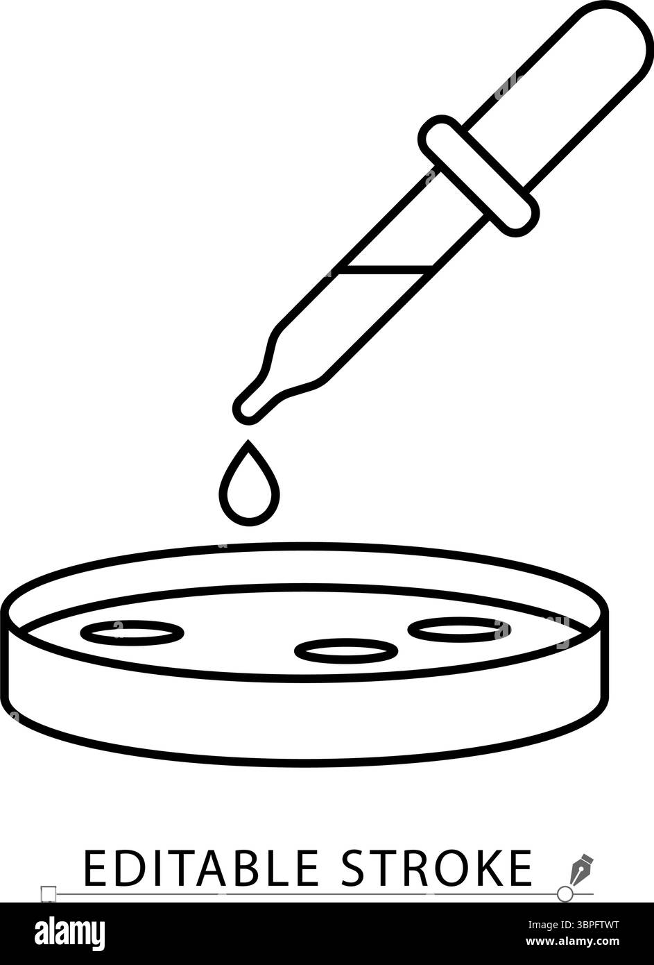 Une icône de dépôt d'échantillon dans un style minimaliste avec un trait modifiable. Pipette de laboratoire, boîte de Petri, test liquide, échantillon clinique, analyse médicale, biologie Illustration de Vecteur