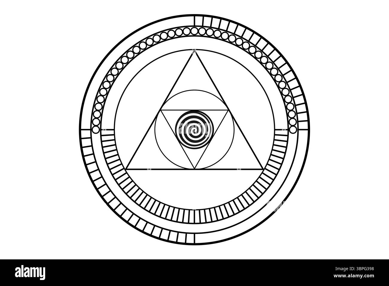 Géométrie sacrée, formes géométriques cercles et triangles en proportion dorée, conception de logo mystique, icône de tatouage, simbol maçonnique, spirale magique occulte, Illustration de Vecteur