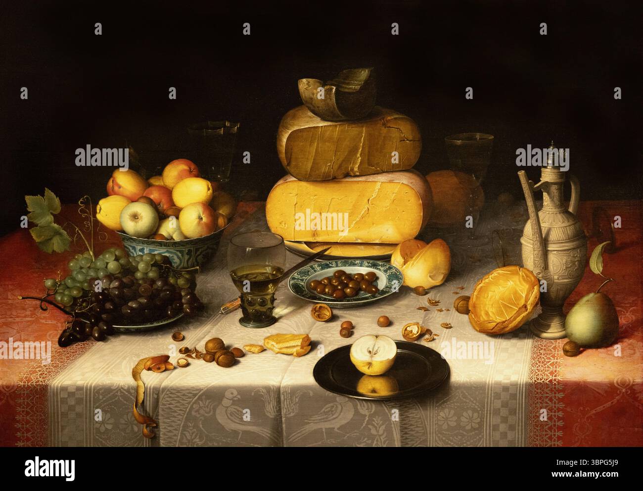 Floris Claesz van Dijck 'Still Life with Cheese', 1615, huile sur panneau. Fromage et autres aliments sur une table ; Floris van Dijck , peinture néerlandaise de l'âge d'or, Banque D'Images