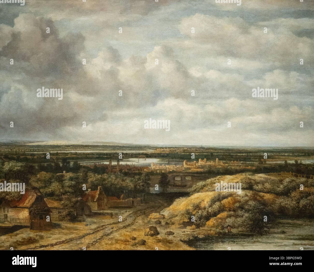 Philips Koninck, « vue éloignée avec des chalets le long d'une route » 1655. Peinture de paysage hollandaise du XVIIe siècle. Peintre néerlandais de l'âge d'or. Banque D'Images