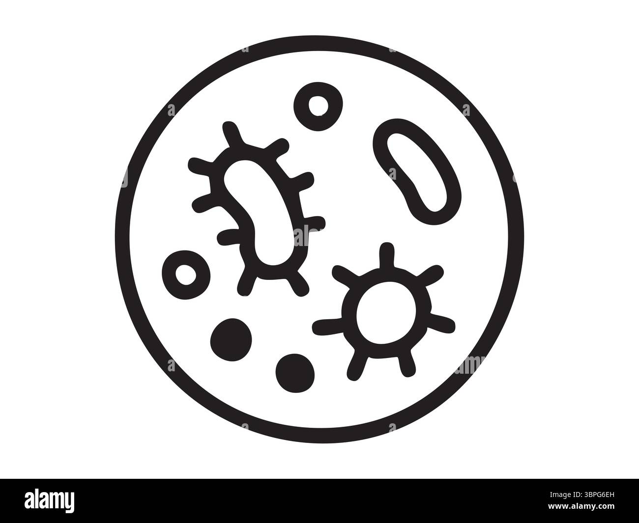 Contour noir de bactéries et de germes isolés dans une boîte de Pétri circulaire sur fond blanc, illustration graphique. concept de microbiologie, germes, patho Illustration de Vecteur