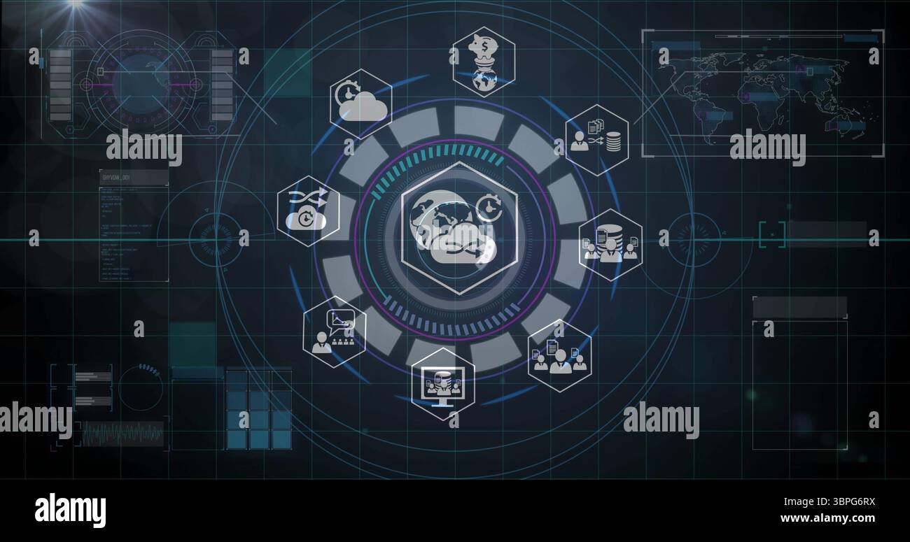 Réseau mondial et image de traitement de données sur interface numérique avec icônes Banque D'Images