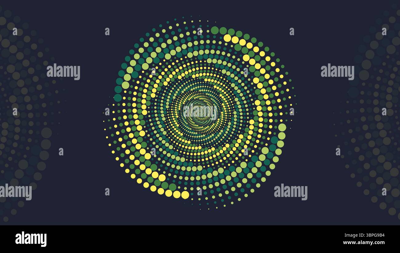 Motif de points demi-teintes radial formant effet tunnel en spirale représentant un arrière-plan numérique abstrait de la dynamique d'illusion de transformation de foyer d'énergie de mouvement Illustration de Vecteur