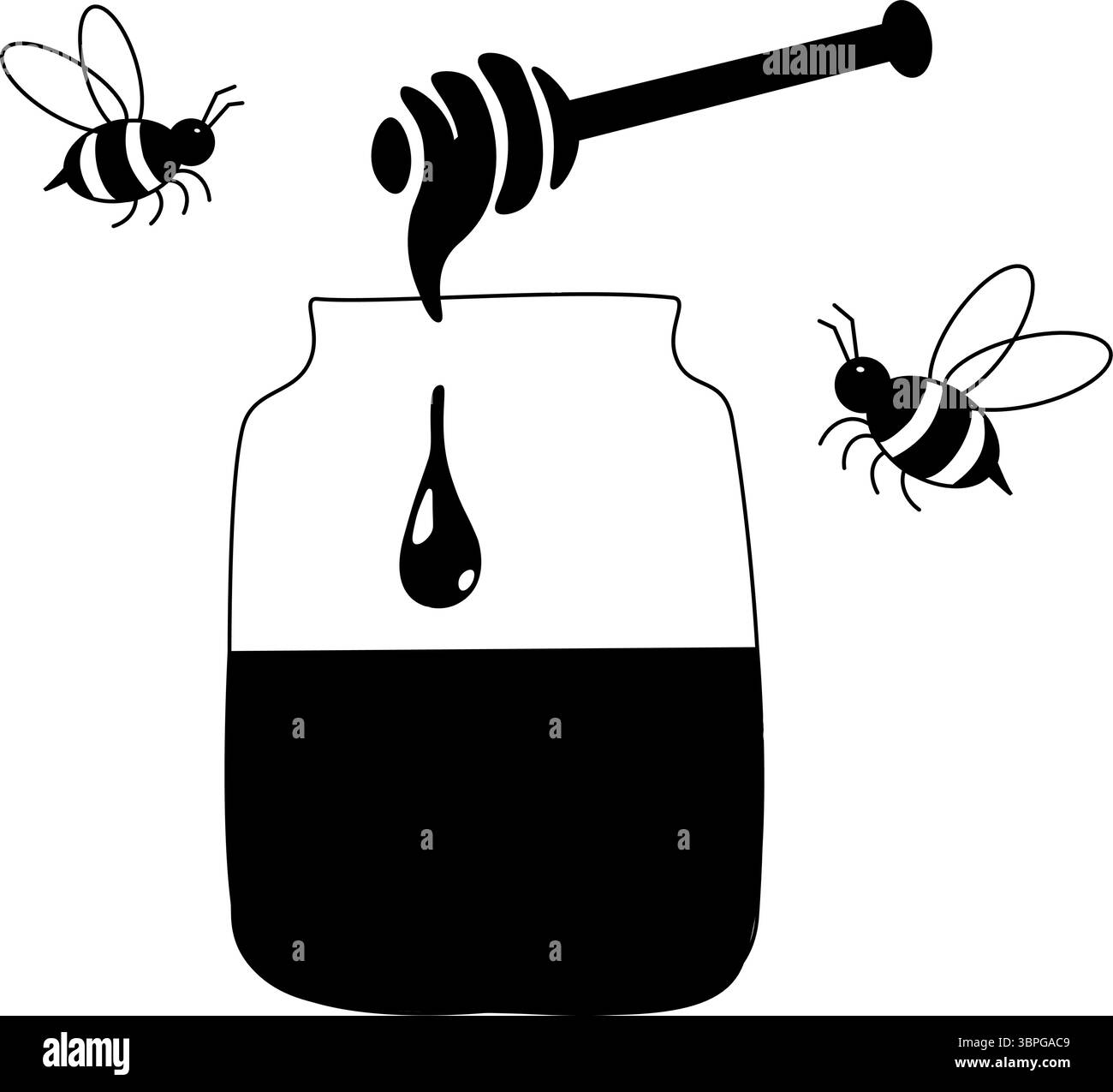Pot de miel avec cuillère et composition d'abeilles. Illustration de ligne graphique vectorielle. Bannière, affiche, papier d'emballage, autocollant, impression, design textile moderne. FO Illustration de Vecteur