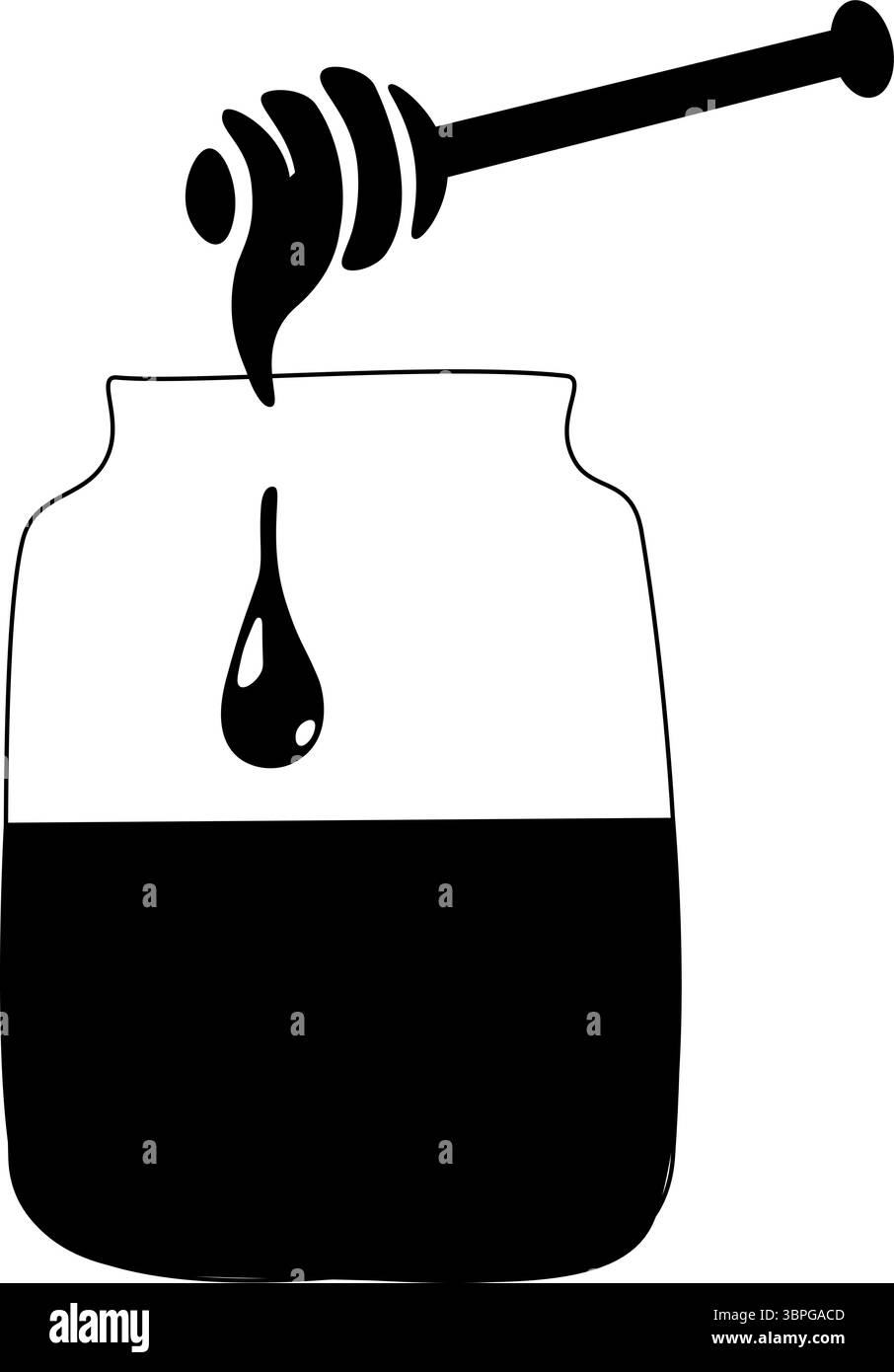 Composition en pot de miel et cuillère. Illustration de ligne graphique vectorielle. Plaque décorative avec composition de miel de dessin animé avec des pots en verre rustiques, Fo Illustration de Vecteur