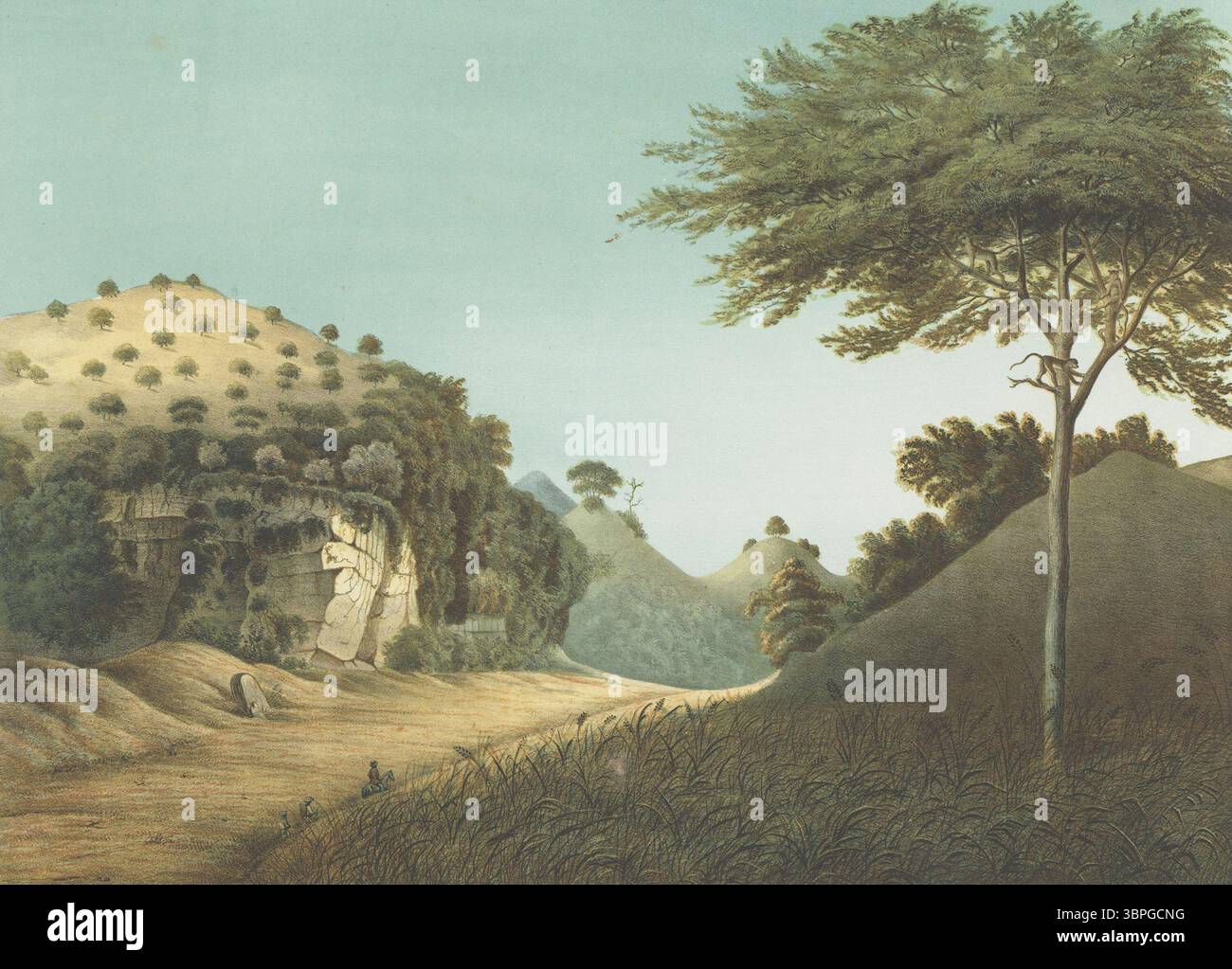 Lithographie de Java-album (1854) de Franz Wilhelm Junghuhn montrant les collines karstiques de Gunung Sewu à Java. Le paysage présente des crêtes abruptes, des arbres éparpillés et des terres agricoles sereines avec des figures au loin, capturant les caractéristiques géologiques et écologiques distinctives de la région. Banque D'Images