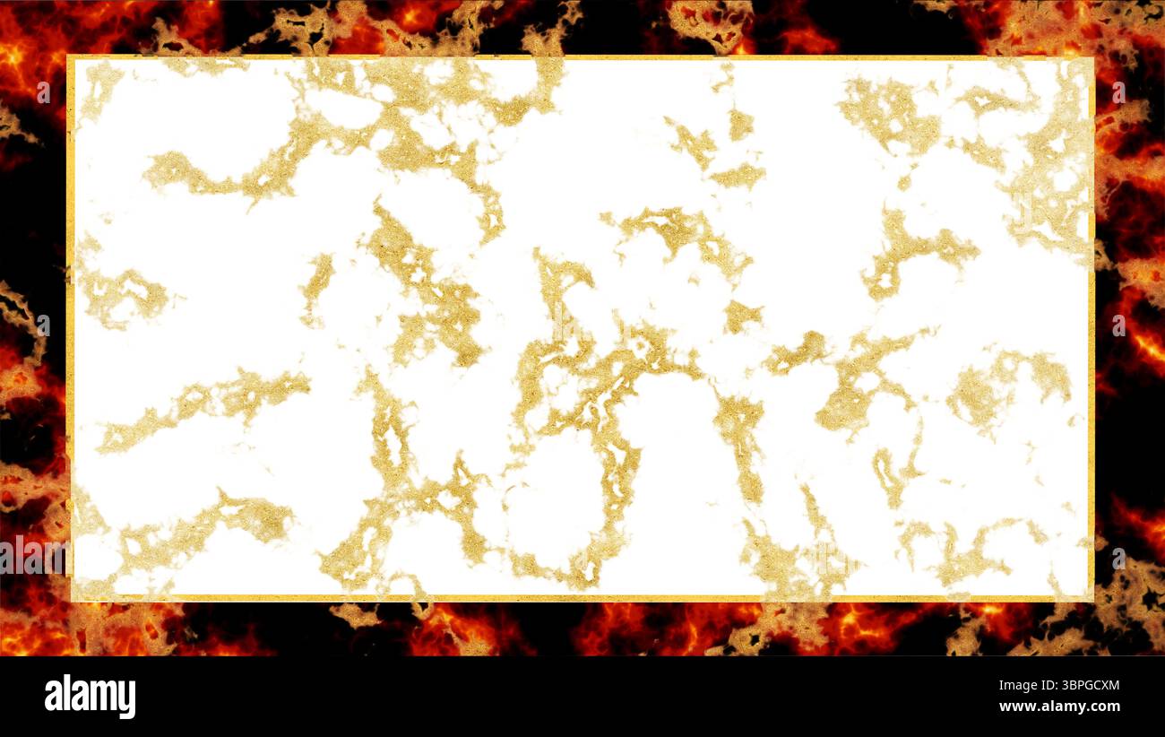 feu de chaleur maléfique et texture à haute température et surface d'or de luxe et bordure d'or à l'intérieur et avec marbre en arrière-plan moyen Banque D'Images