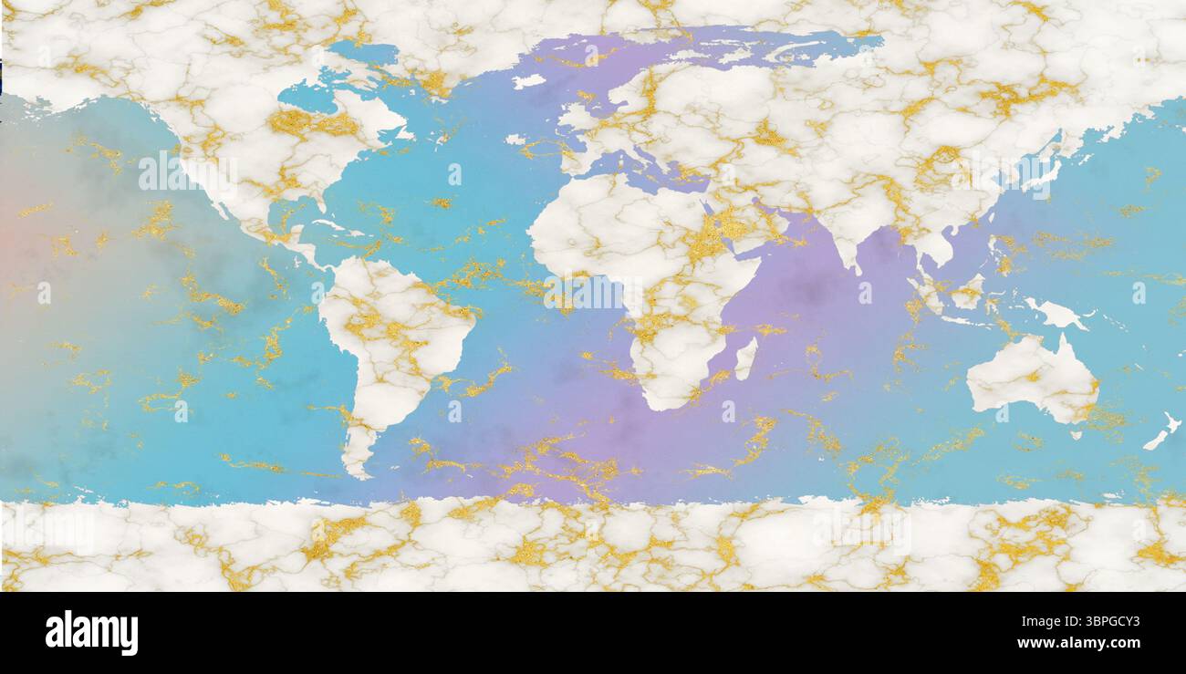 carte mondiale marbre blanc sur terre et terre glacée et couleur océanique iridesente et texture minérale or Banque D'Images