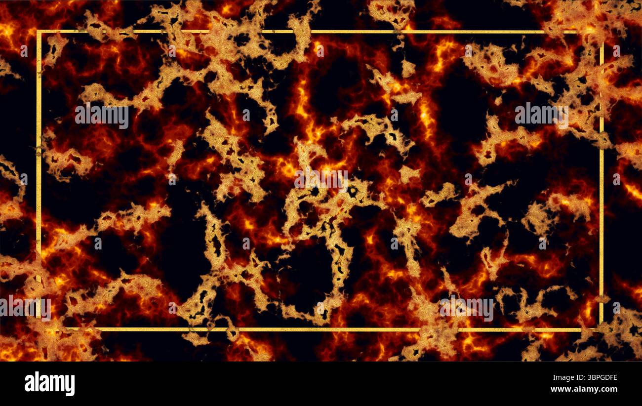 feu de marbre de la chaleur maléfique et texture à haute température et surface d'or de luxe et bordure d'or à l'intérieur du fond Banque D'Images