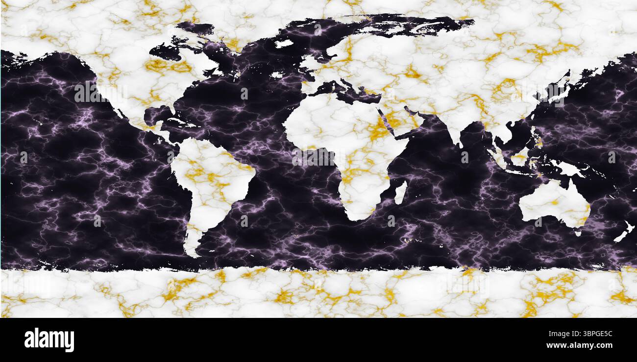 carte mondiale marbre blanc sur terre et terre de glace et flou vague rose minéral sombre sur l'océan et texture minérale or Banque D'Images