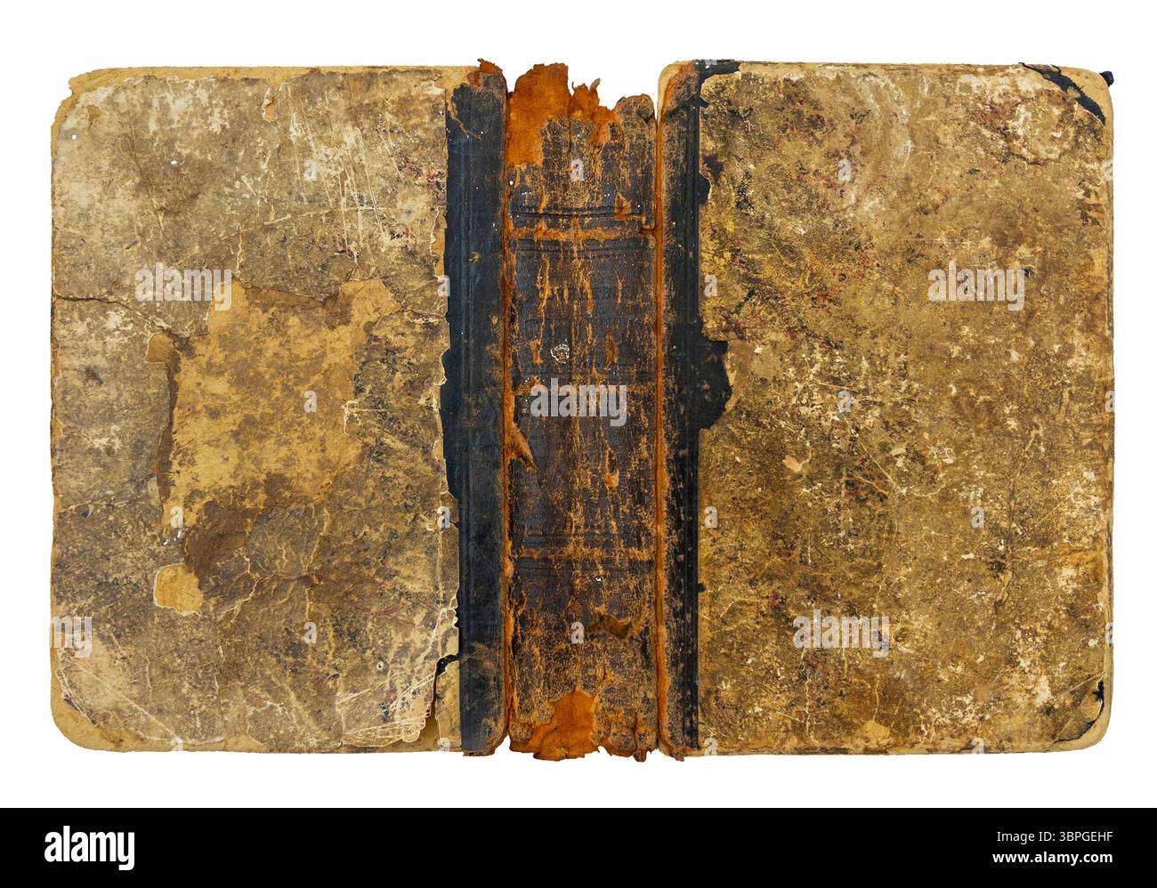 Couverture de livre antique, arrière et avant isolé sur fond blanc. Texture de vieux papier, couverture vintage et dos d'un vieux livre usé et déchiré Banque D'Images
