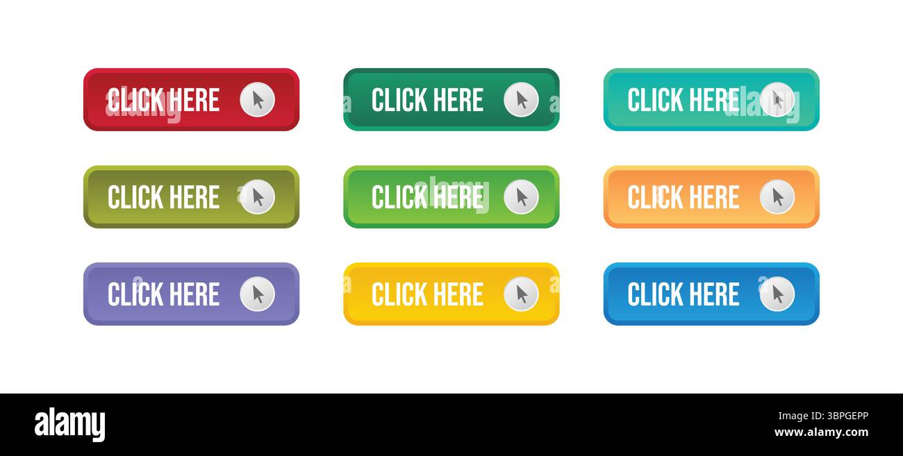 Ensemble de boutons colorés « cliquez ici » avec des icônes fléchées, utilisés pour les interfaces utilisateur du site Web, les pages de destination, les invites de navigation et l'appel à l'action numérique Illustration de Vecteur