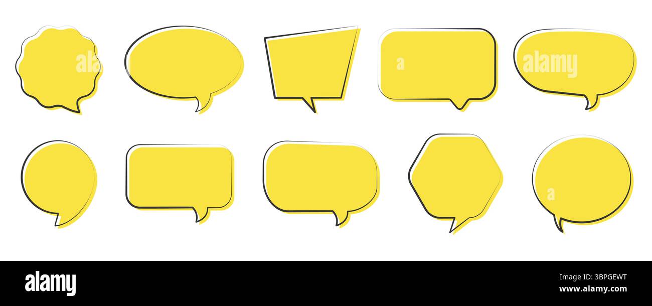 Ensemble d'icônes de bulle de parole dans diverses formes représentant la communication, le dialogue, le message, le commentaire, le chat, conversation et zones de texte Illustration de Vecteur