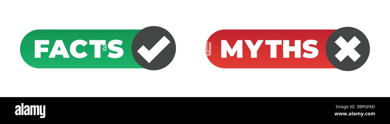 Étiquettes de faits et de mythes avec des icônes de coche verte et de croix rouge représentant la vérité, le mensonge, la vérification, la démystification, l'exactitude de l'information, et décision Illustration de Vecteur