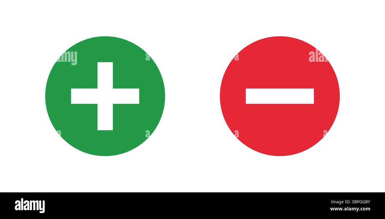 Les symboles vert plus et rouge moins à l'intérieur des cercles représentant l'augmentation positive négative de soustraction d'addition diminuent l'évaluation de désapprobation d'approbation Illustration de Vecteur