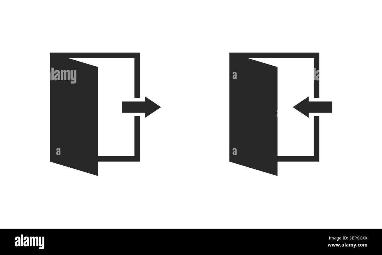 Icônes d'entrée et de sortie avec des flèches représentant la connexion, la déconnexion, l'accès, la direction, l'entrée, et sortie en style de ligne noire en gras sur fond blanc Illustration de Vecteur