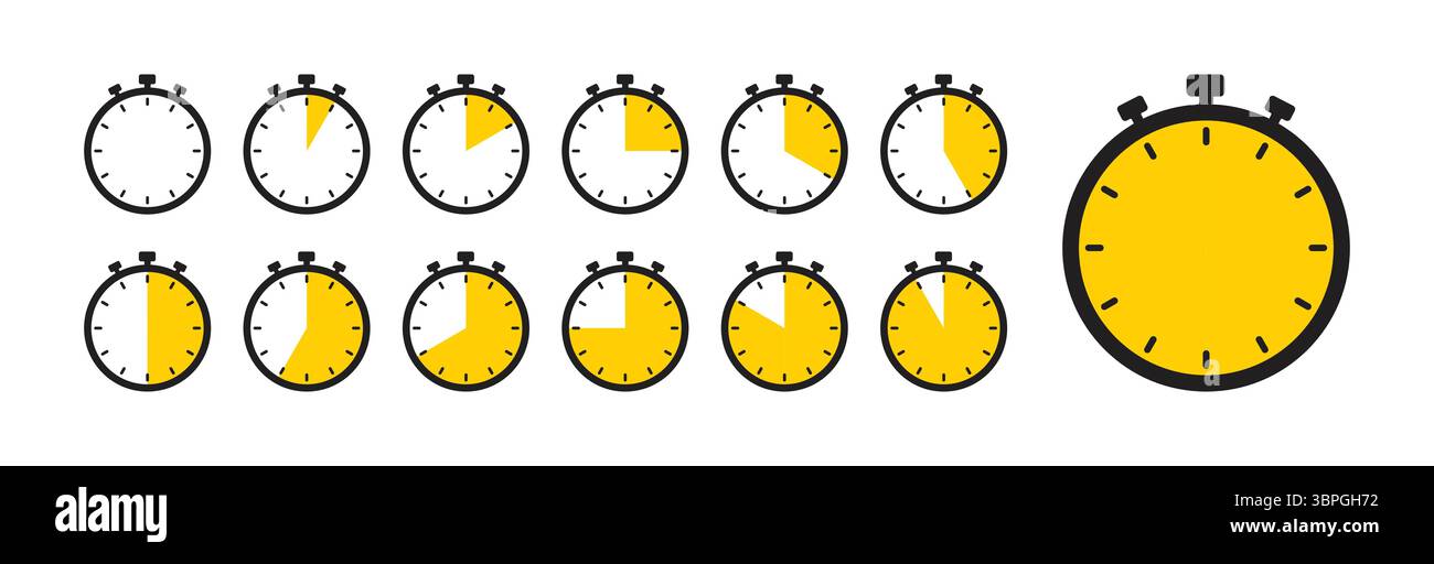 Icône de chronomètre définie avec différents niveaux de progression, montrant des intervalles de temps variables dans un design simple et propre avec des segments verts indiquant le temps écoulé Illustration de Vecteur