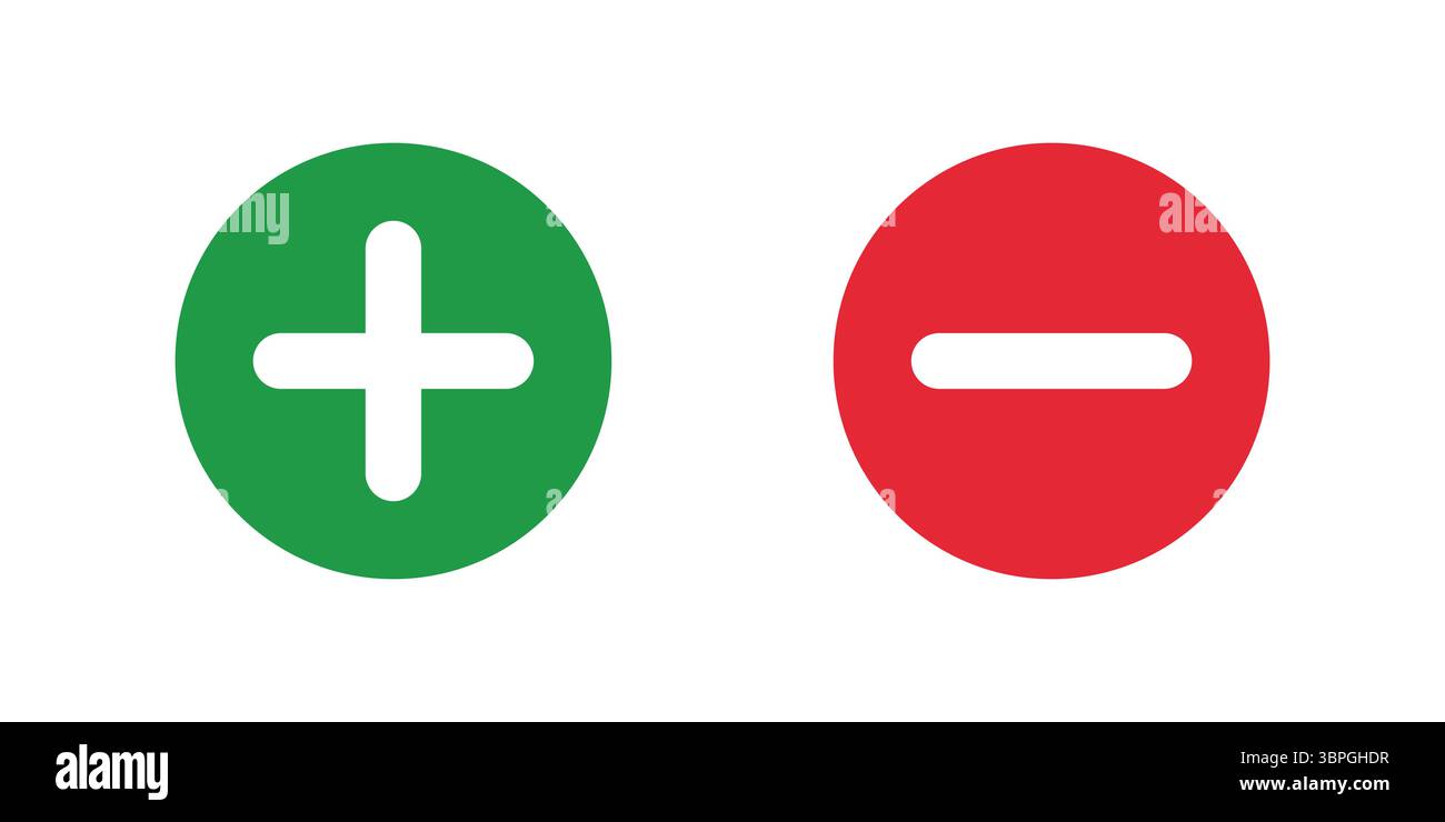 Les symboles vert plus et rouge moins à l'intérieur des cercles représentant l'augmentation positive négative de soustraction d'addition diminuent l'évaluation de désapprobation d'approbation Illustration de Vecteur