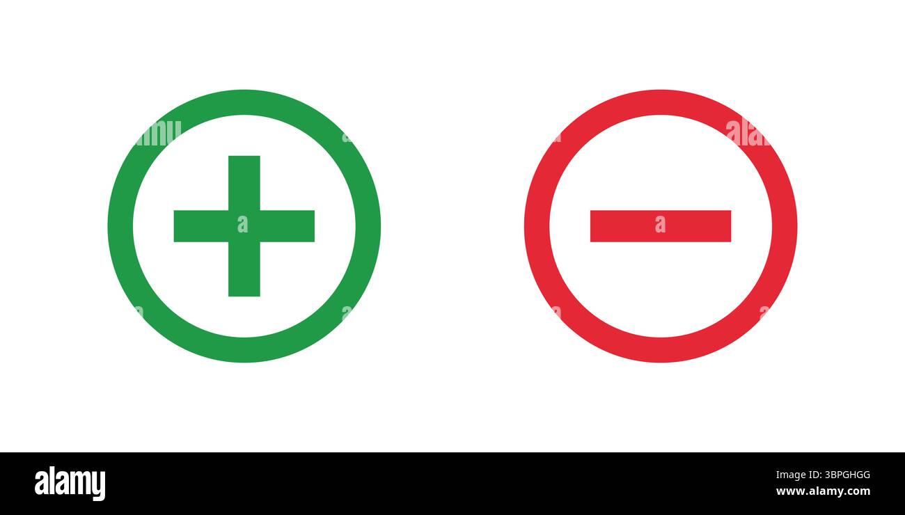 Les symboles vert plus et rouge moins à l'intérieur des cercles représentant l'augmentation positive négative de soustraction d'addition diminuent l'évaluation de désapprobation d'approbation Illustration de Vecteur