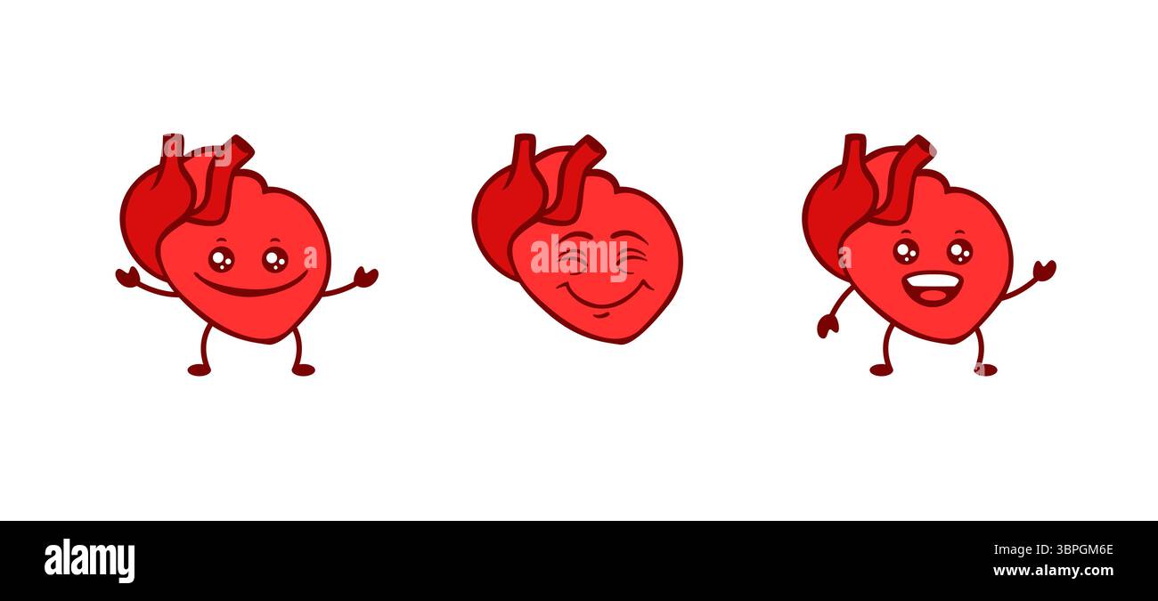 Personnages de dessins animés de coeur avec des expressions joyeuses et des émotions ludiques Illustration de Vecteur