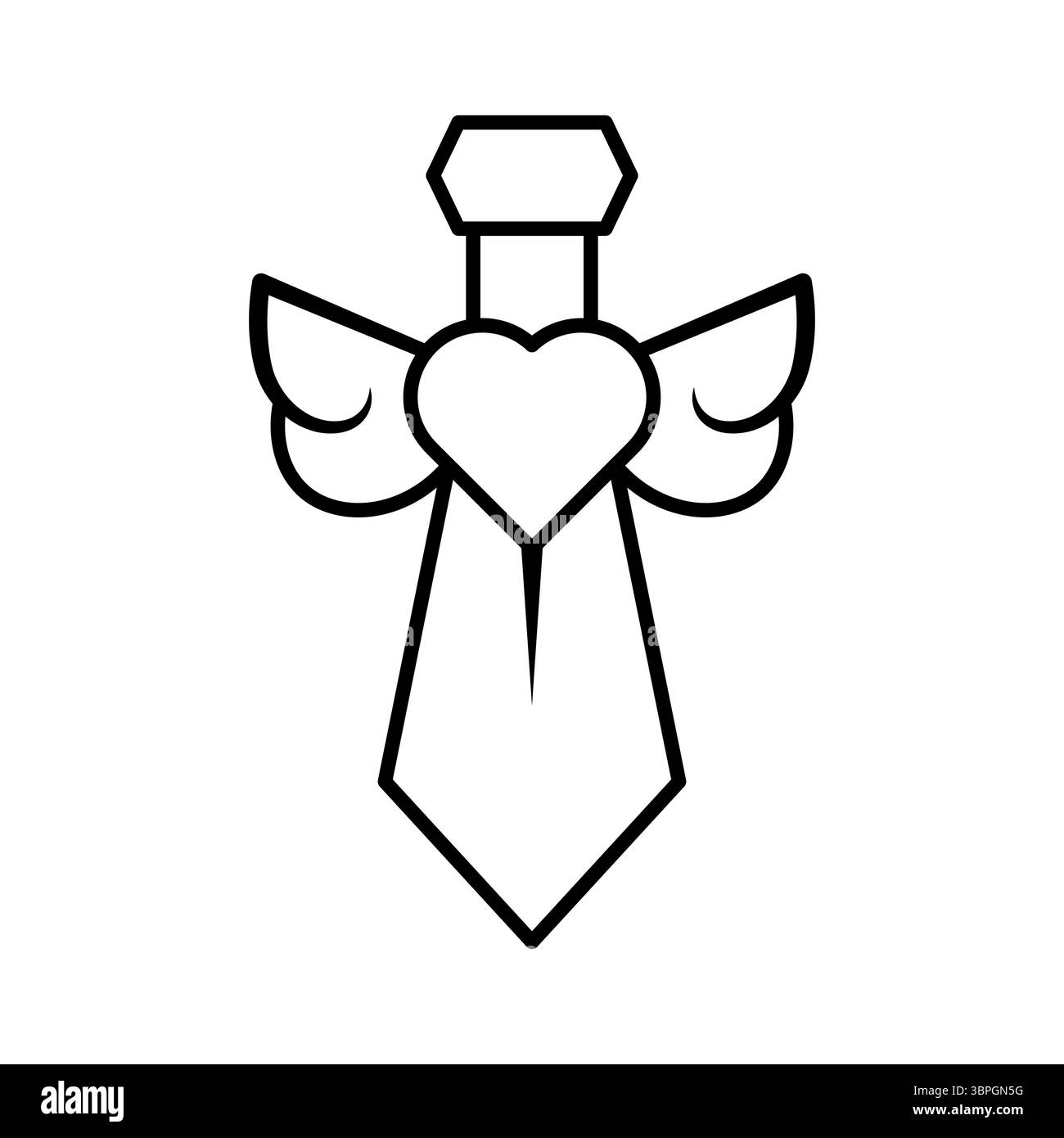 Épée angélique avec cœur et ailes illustration. Cette illustration présente une épée stylisée avec des ailes angéliques et un cœur en son centre. Illustration de Vecteur