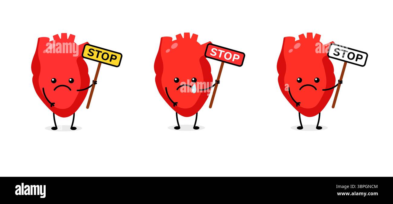 Personnages de cœur tenant des panneaux d'arrêt avec des expressions émotionnelles soulignant les messages Illustration de Vecteur