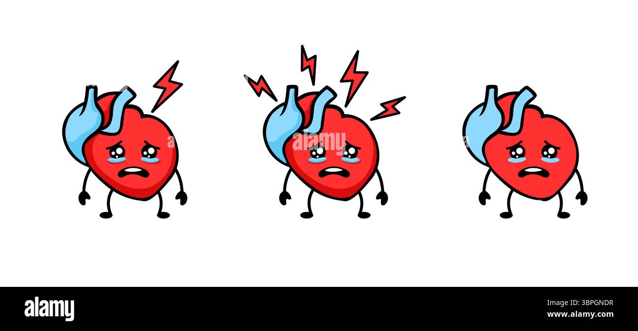 Les personnages de dessins animés de coeur avec des expressions tristes et des symboles d'éclair montrent l'émotion Illustration de Vecteur