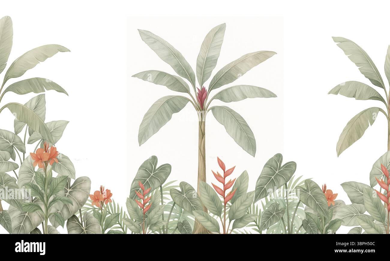 Aquarelle bananier et plantes tropicales avec fleurs rouges - décoration murale botanique exotique Jungle Banque D'Images