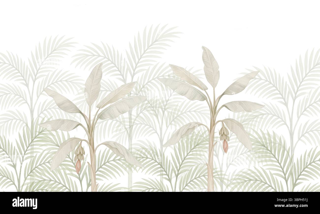 Murale minimale de palmier banane beige clair – fond botanique tropical pour des intérieurs calmes Banque D'Images