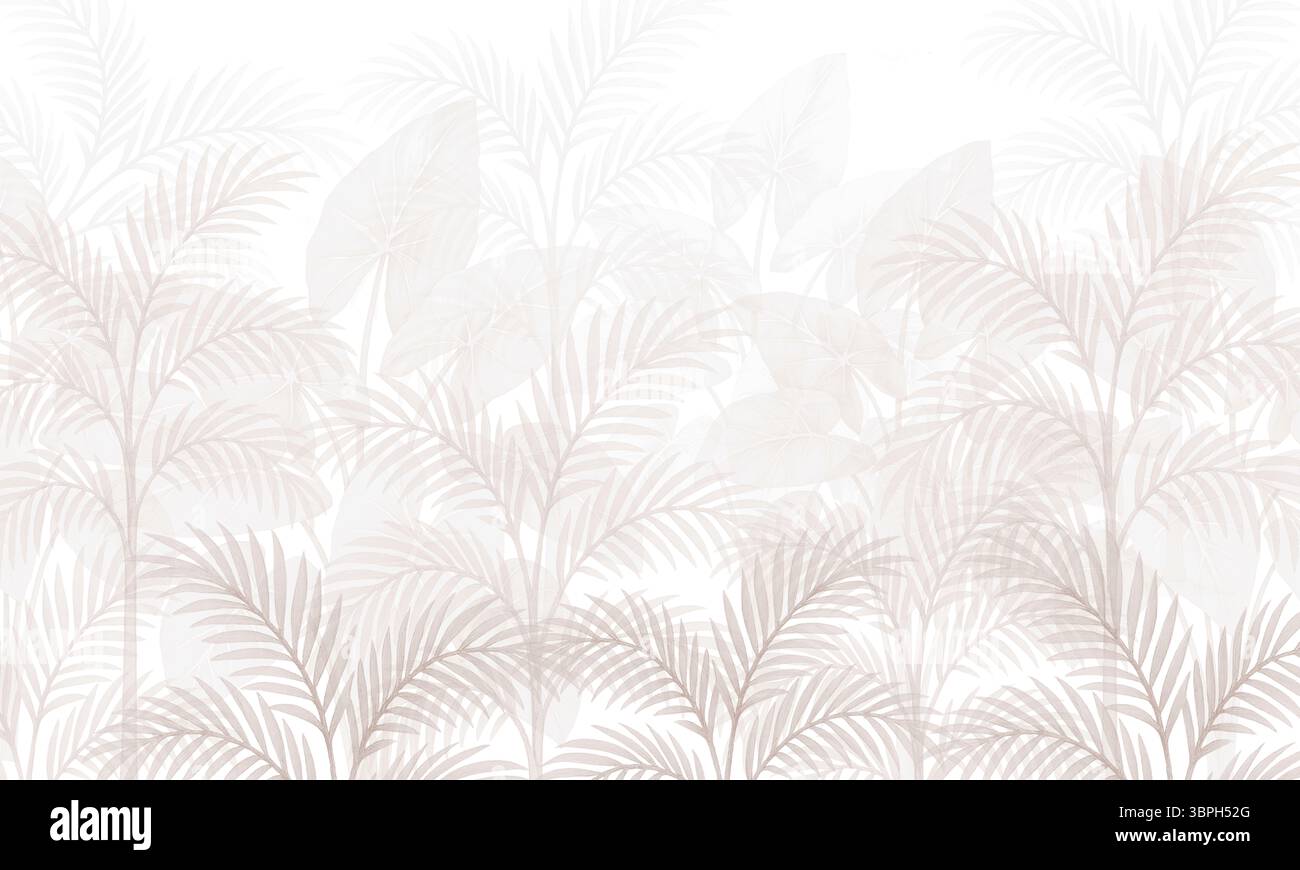 Murale tropicale rose blush avec silhouettes de palmier – papier peint botanique pour des accents intérieurs doux Banque D'Images