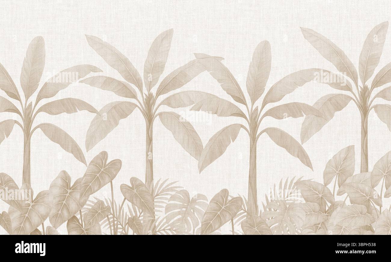 Murale de palmier beige vintage avec feuillage de la jungle – papier peint botanique tropical Banque D'Images