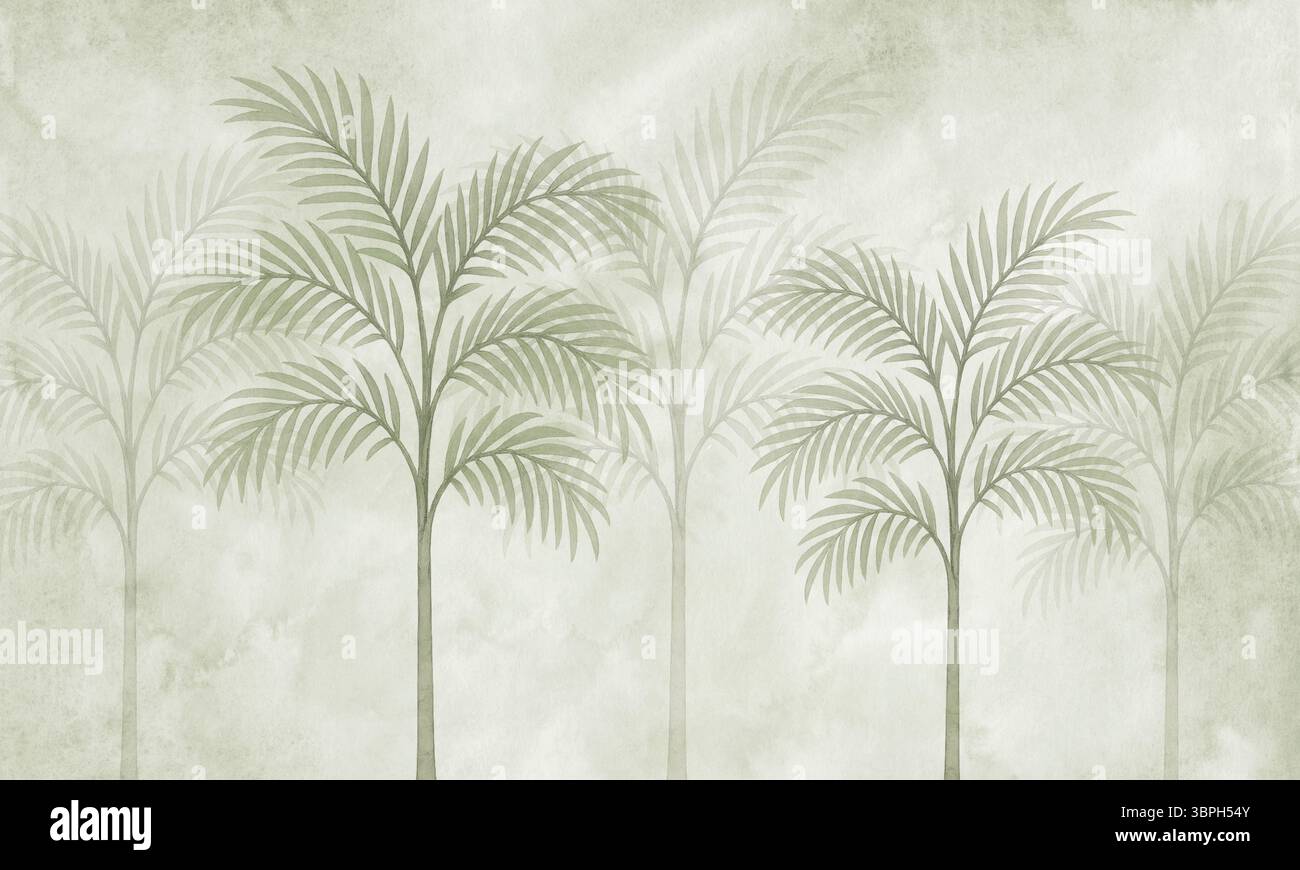 Papier peint feuillage de palmier vert muet – murale tropicale minimaliste avec des plantes de la jungle Banque D'Images