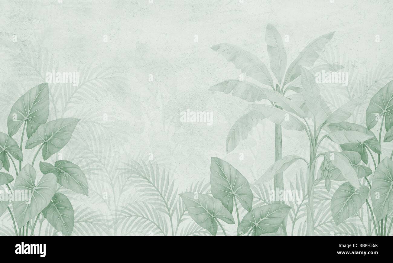 Murale jungle tropicale dans des tons verts doux - papier peint mural botanique avec feuillage de palmier Banque D'Images