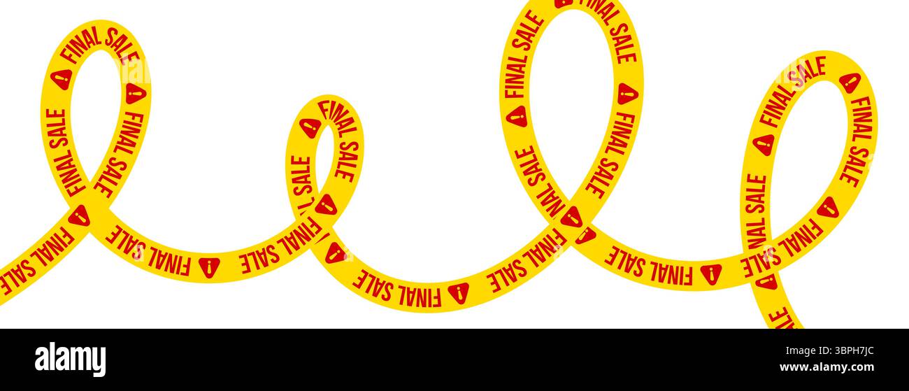 Ruban d'alerte en boucle, texte rouge en gras, ruban spirale jaune pour la zone de vente finale, conception de promotion d'urgence, bande attirante, élément de mouvement de détail Illustration de Vecteur