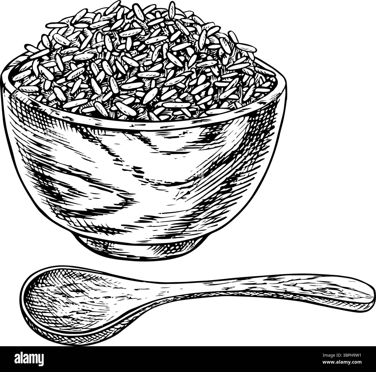 Riz bouilli dans un bol en bois avec une cuillère. Graphiques en noir et blanc, illustrations vectorielles. Élément de conception pour menus, recettes et livres de cuisine. Pour Illustration de Vecteur