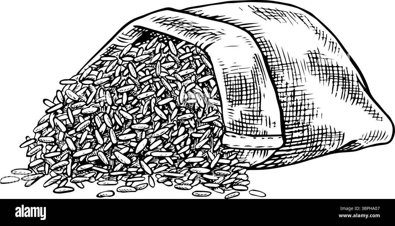 Un sac de riz ou d'avoine, de blé ou de seigle. Graphiques en noir et blanc, illustrations vectorielles. Élément de conception pour menus, recettes et livres de cuisine. Pour les bannières Illustration de Vecteur