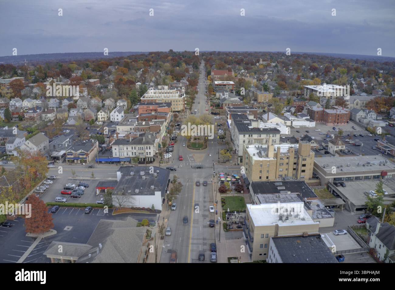 Vue aérienne d'une rue de la ville bordée de bâtiments et d'arbres affichant des couleurs d'automne sous un ciel nuageux, Cincinnati, Ohio, États-Unis. Banque D'Images