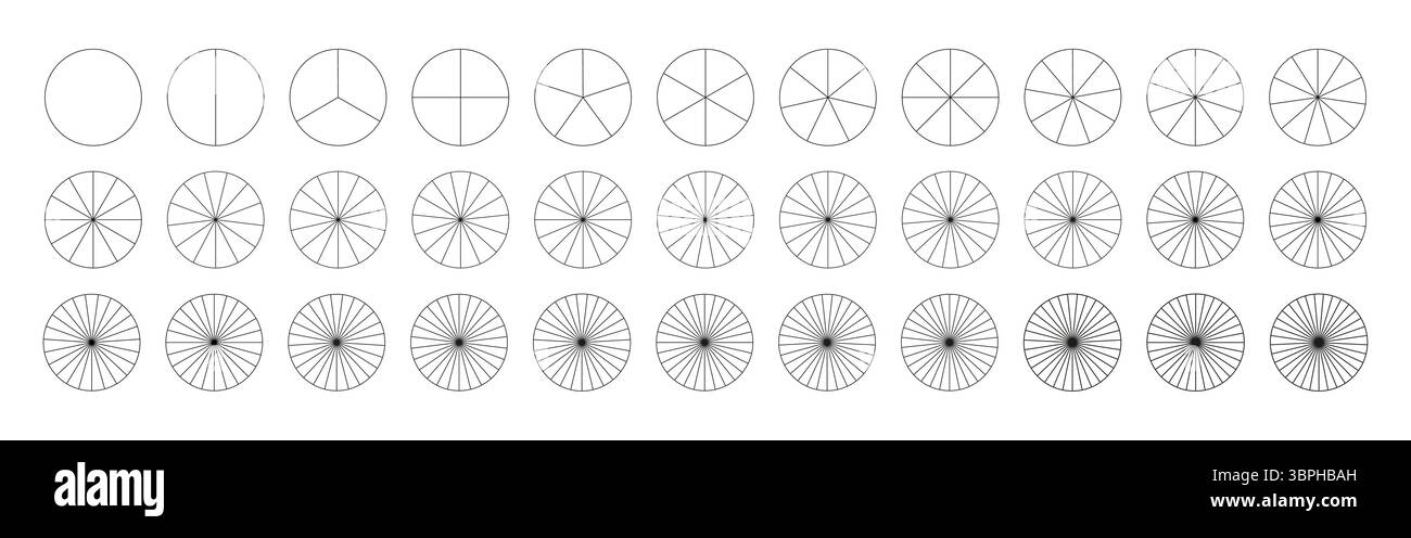 Tarte, modèle de tableau de pizza. Graphiques segmentés de 1 à 33 segments. De nombreux secteurs divisent le cercle sur des parts égales. Délimitez les graphiques noirs Illustration de Vecteur