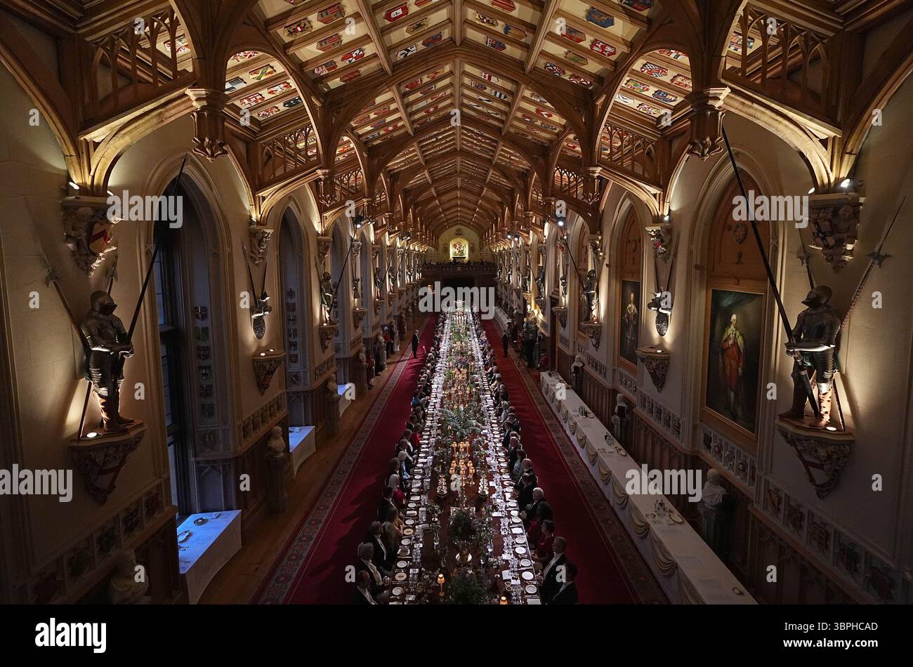 Le banquet d'État du président français Emmanuel Macron et de son épouse Brigitte Macron, au château de Windsor, Berkshire, le premier jour de la visite d'État du président français au Royaume-Uni. Date de la photo : mardi 8 juillet 2025. Banque D'Images