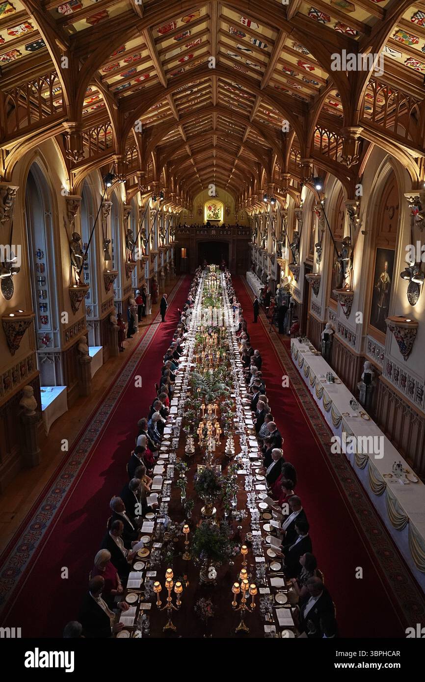 Le banquet d'État du président français Emmanuel Macron et de son épouse Brigitte Macron, au château de Windsor, Berkshire, le premier jour de la visite d'État du président français au Royaume-Uni. Date de la photo : mardi 8 juillet 2025. Banque D'Images