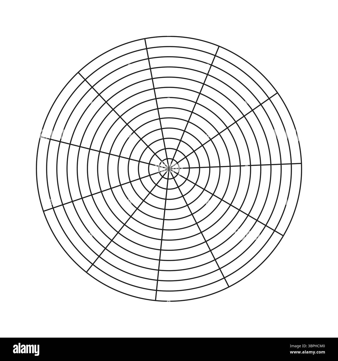 Modèle roue de vie. Outil de coaching simple pour visualiser tous les domaines de la vie. Papier quadrillé polaire vierge. Grille polaire de 13 segments et 12 concentriques Illustration de Vecteur