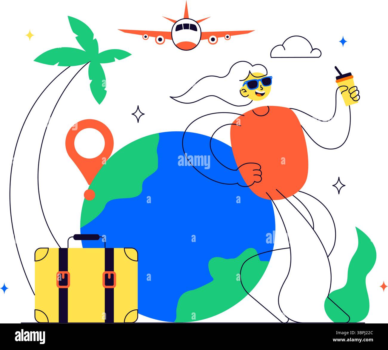 Illustration vectorielle de voyage solo mettant en vedette un personnage voyageant seul pour la détente en plein air, les activités de vacances et un style de vie aventureux Illustration de Vecteur