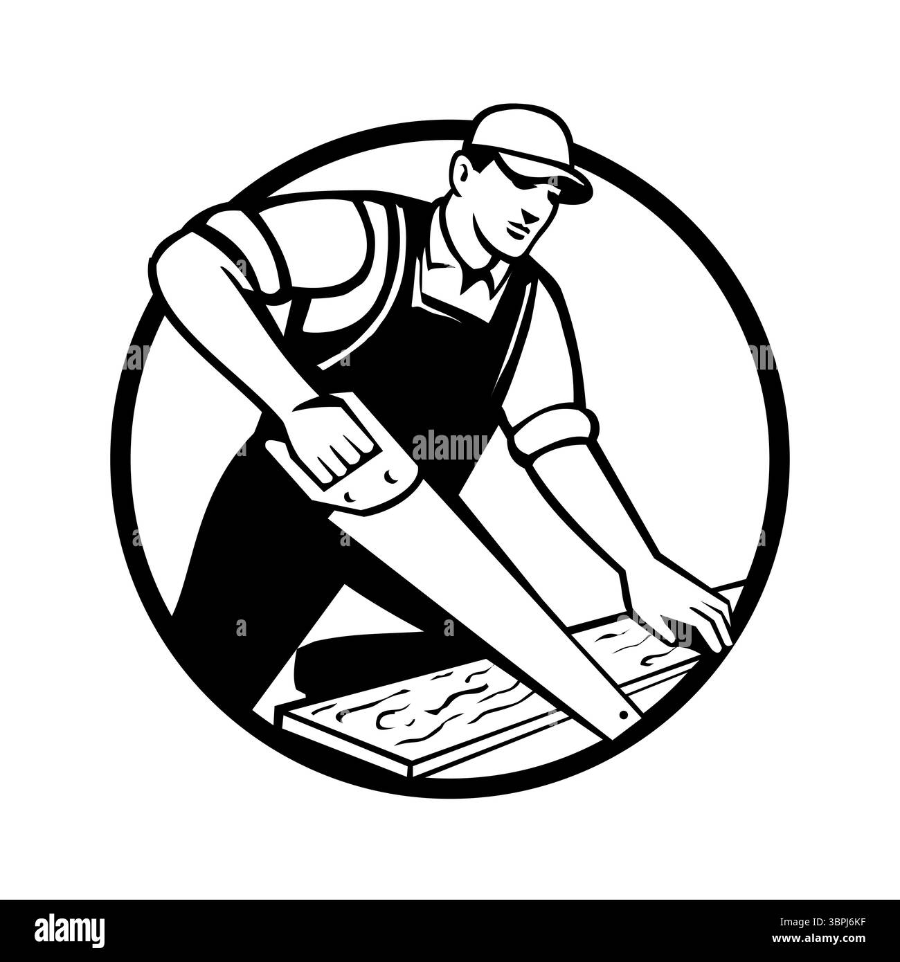 Illustration de style rétro de bricoleur, menuisier ou ouvrier de construction avec scie sciant du bois d'œuvre placé à l'intérieur du cercle sur fond isolé fait en bl Illustration de Vecteur