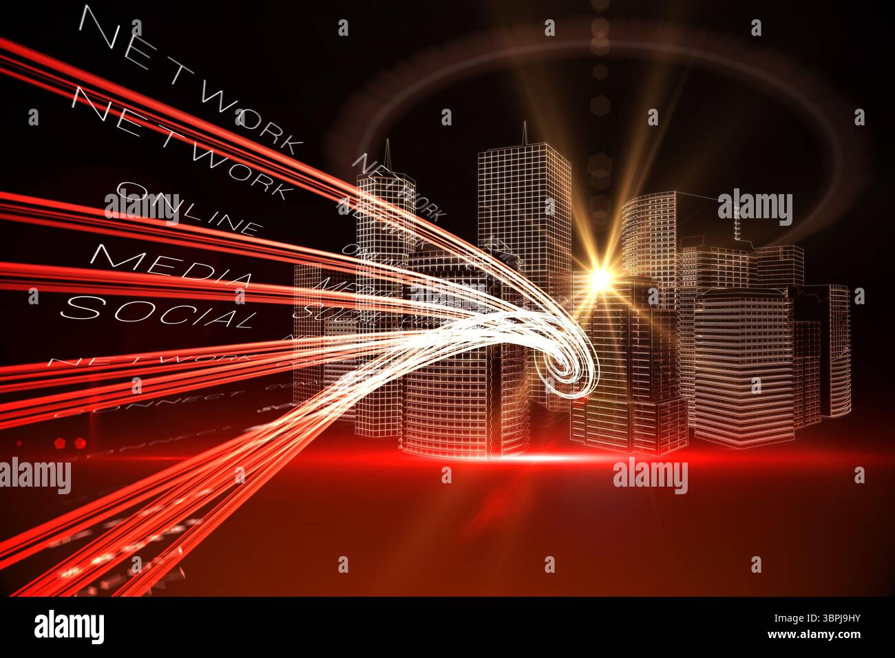 Des faisceaux lumineux rouge avec des gratte-ciel Banque D'Images