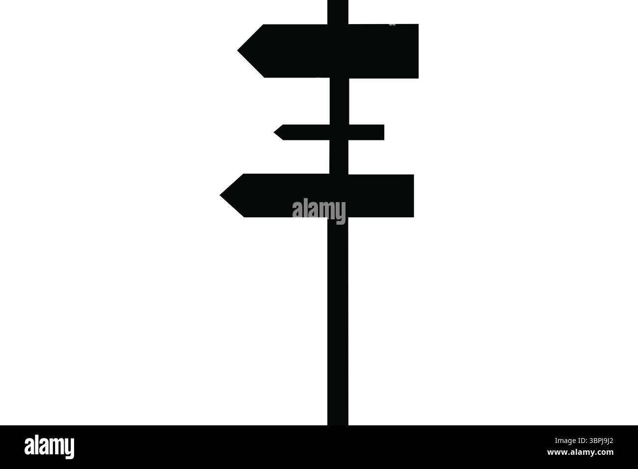 Le panneau directionnel noir est debout haut dans la conception plate avec quatre panneaux de flèche, espace de copie Banque D'Images