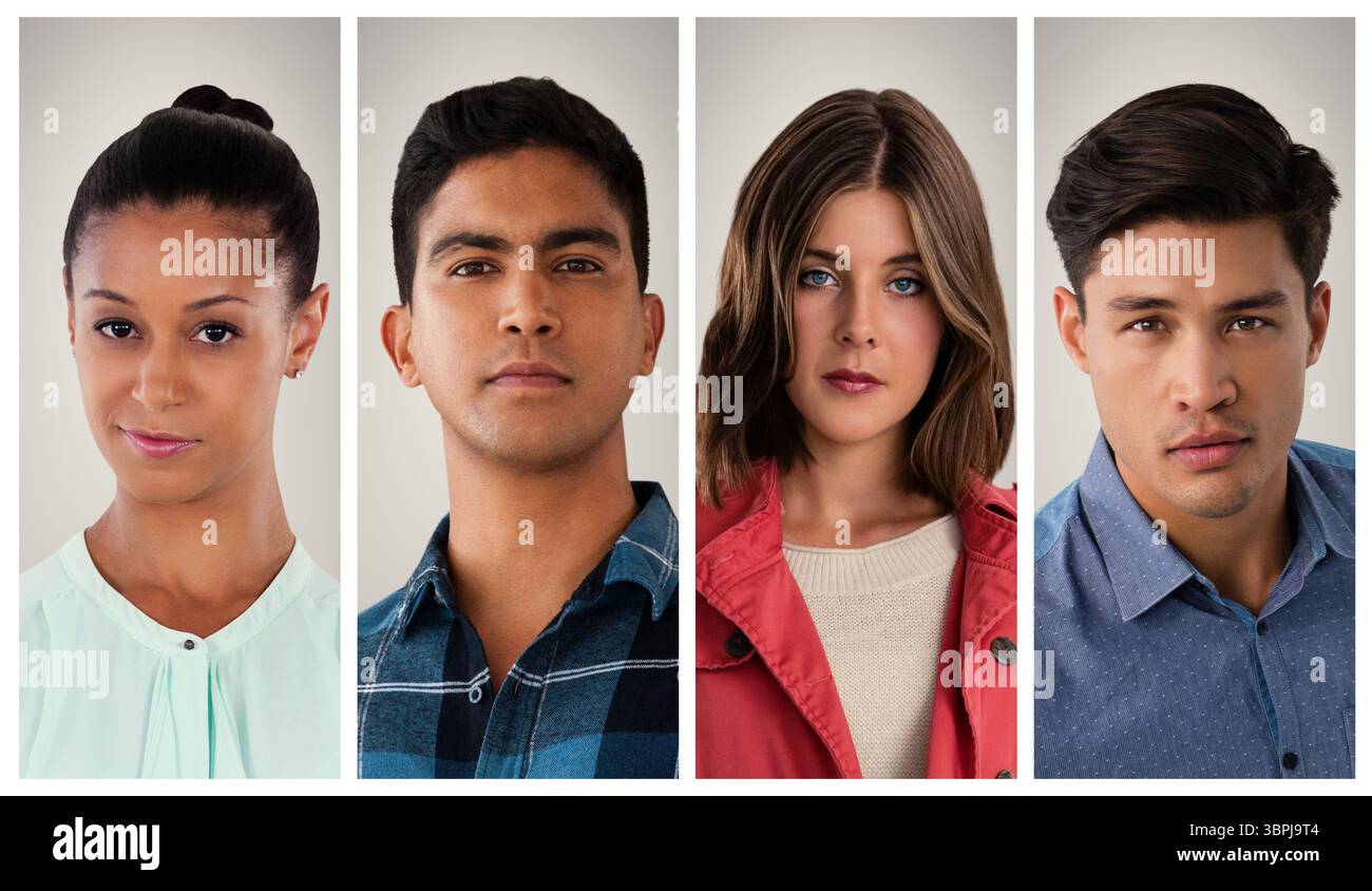 Quatre portraits de tête sont montrés dans une configuration studio de design plat, avec un fond blanc cassé Banque D'Images